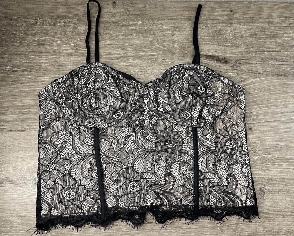 Express Black Lace Corset Bustier Top Nude Lining Side Zip XS TP Y2K Goth Sexy